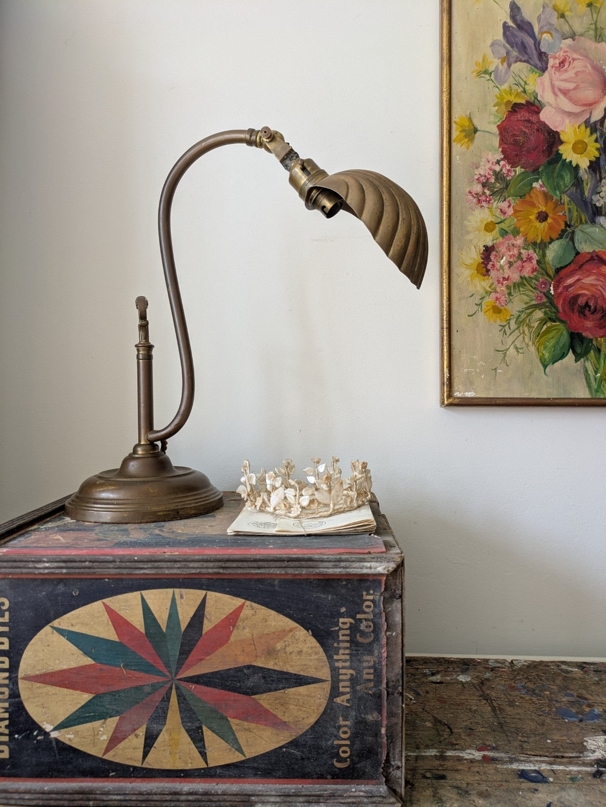 VINTAGE 1920s 30s ANTIQUE ART DECO BRASS SWAN NECK SHELL CLAM DESK LAMP WORKING!