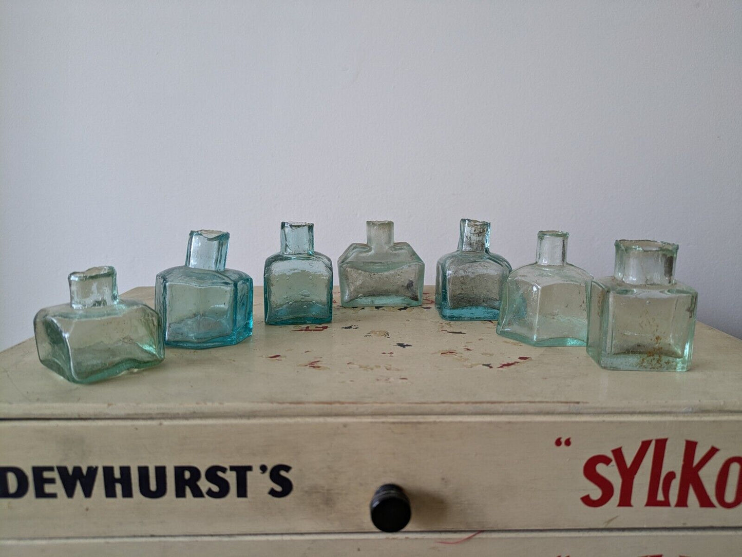 7x Antique Vintage Glass Bottles vase flower original apothecary ink old Square