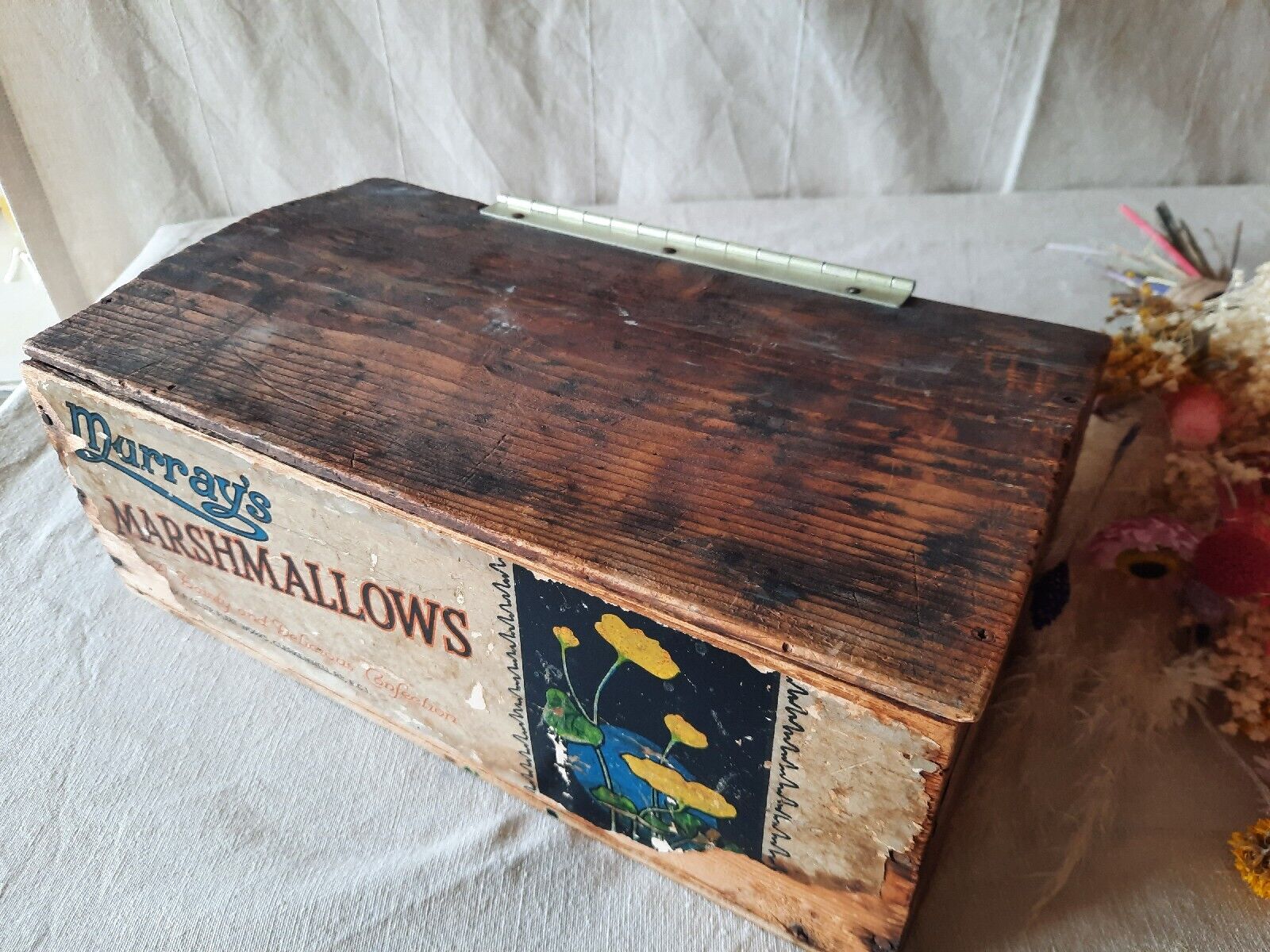 Antique 1920s 1930s Wooden Box Advertising Pine MURRAYS MARSHMALLOWS sweet Shop