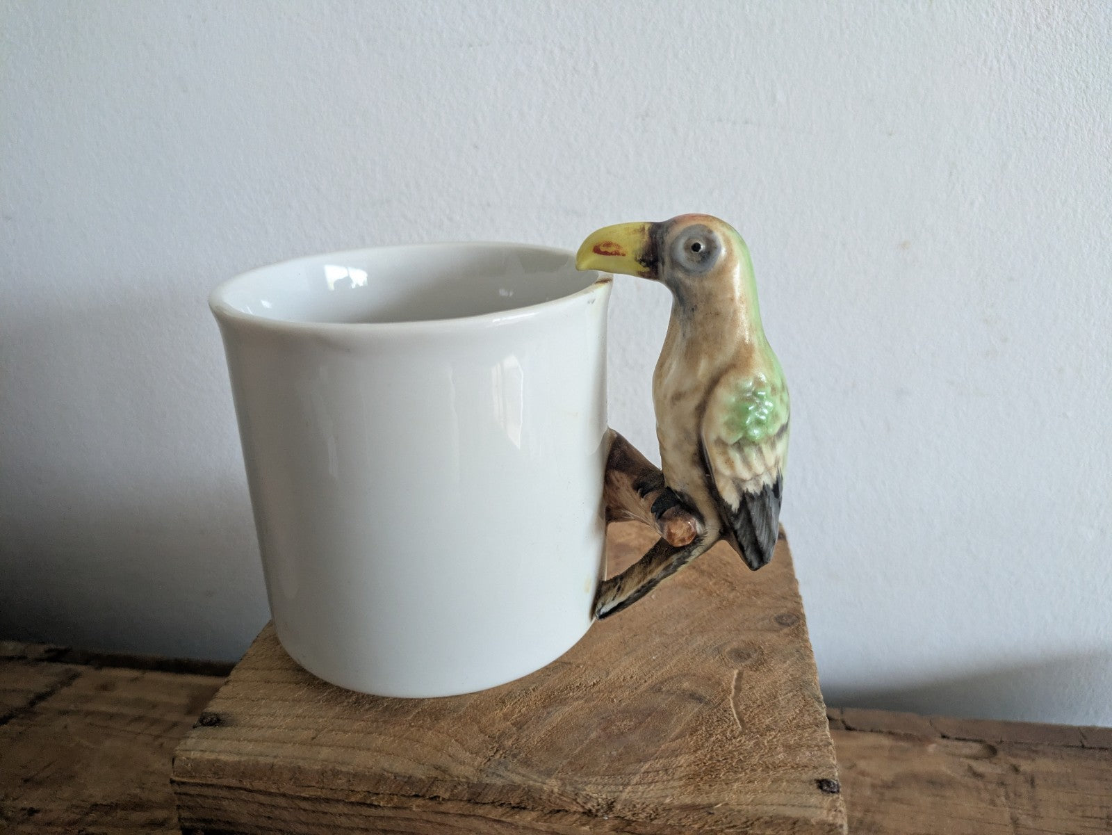 Vintage Ceramic Parrot Handle Coffee Mug Tea Cup Hand Painted Bird Rare Old Gift