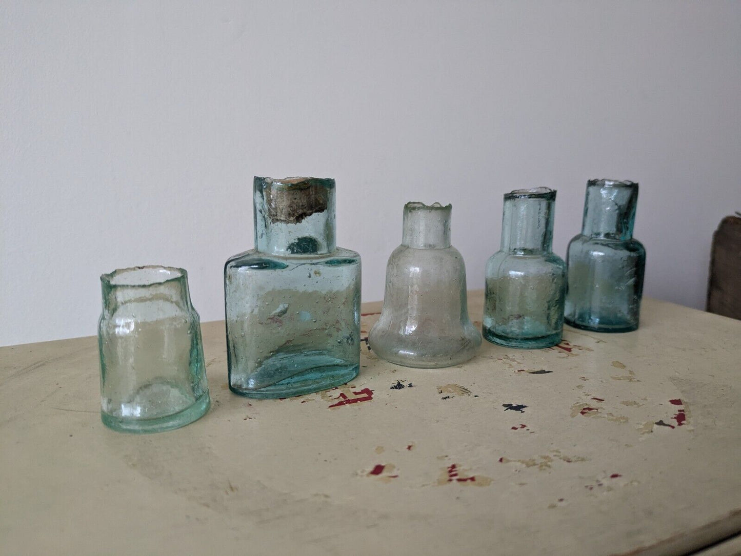 5x Antique Vintage Glass Bottles vase flower original apothecary ink old Teal