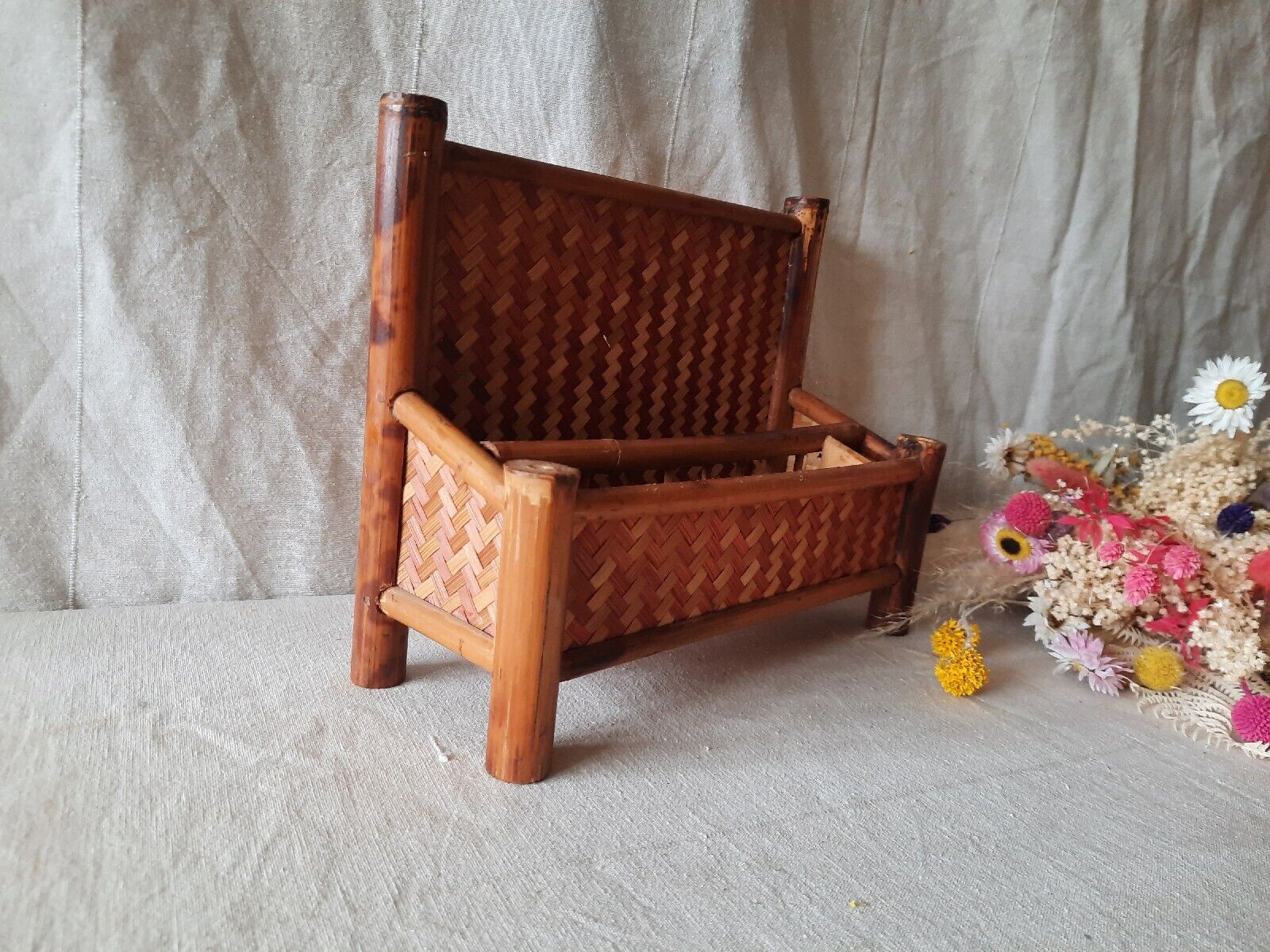 VINTAGE TIKI BAMBOO LETTER RACK SHELF DESK TIDY BOHO CANE RED  RETRO MIDCENTURY