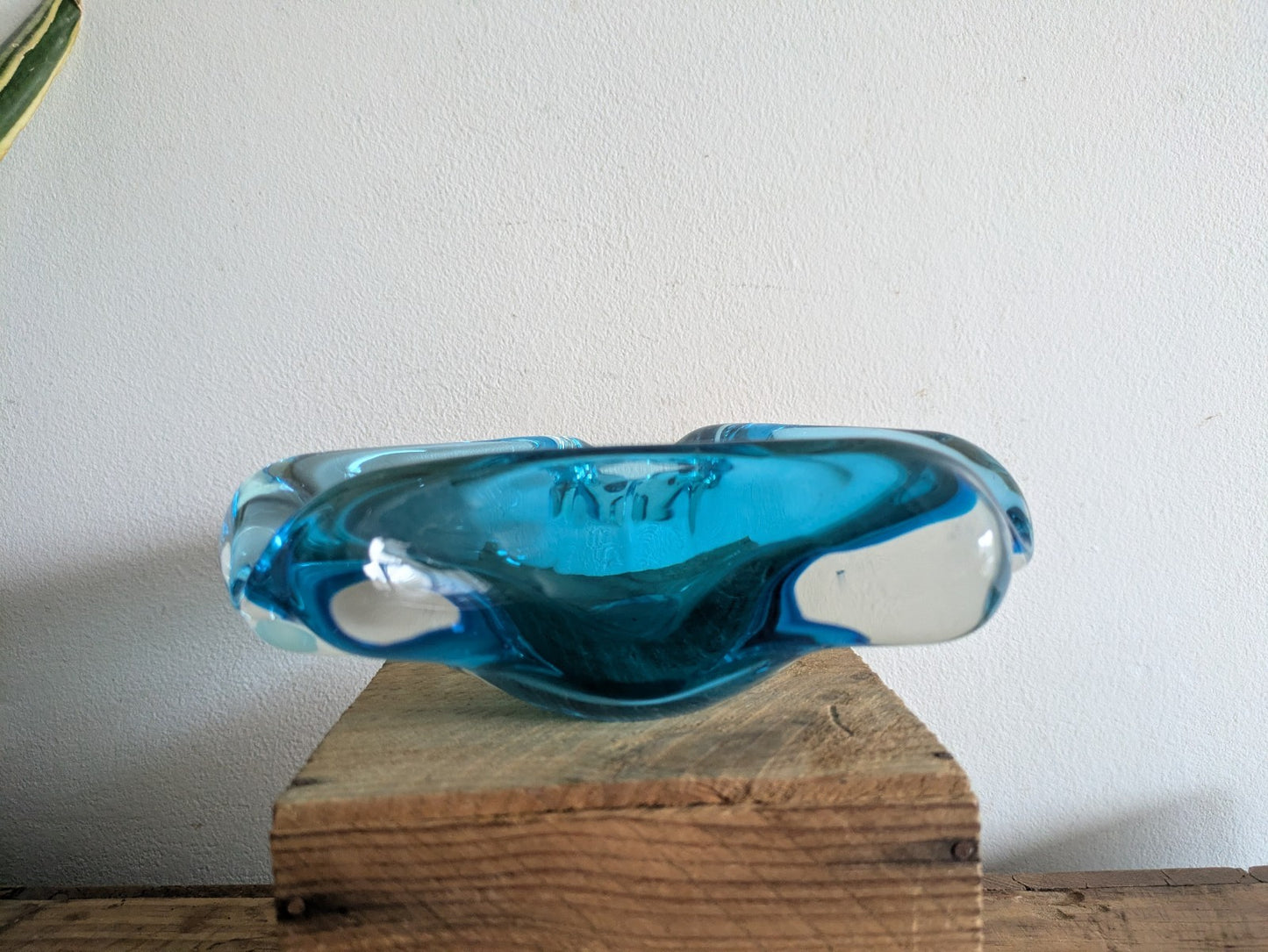 Vintage Murano Turquoise Blue Triangular Art Glass Bowl Ashtray MidCentury Retro