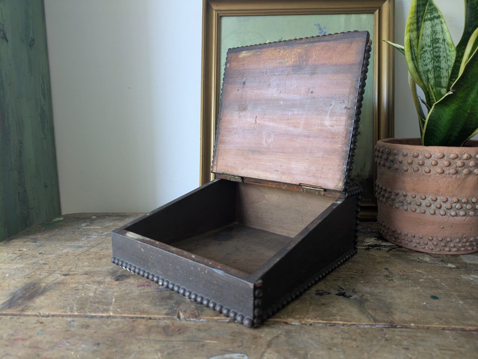Antique Vintage Students Table Top Writing Slope Bobbin Small Box Stationary Old