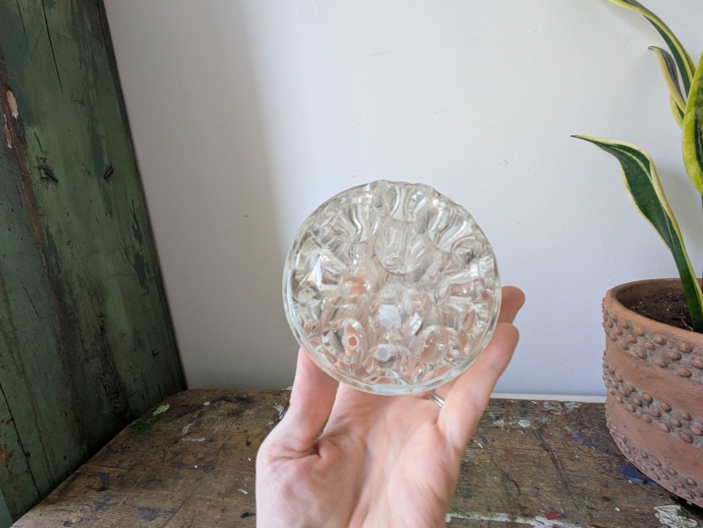 Vintage Glass Flower Frog with 19 Holes Paperweight Decor Florist Clear Vase Old