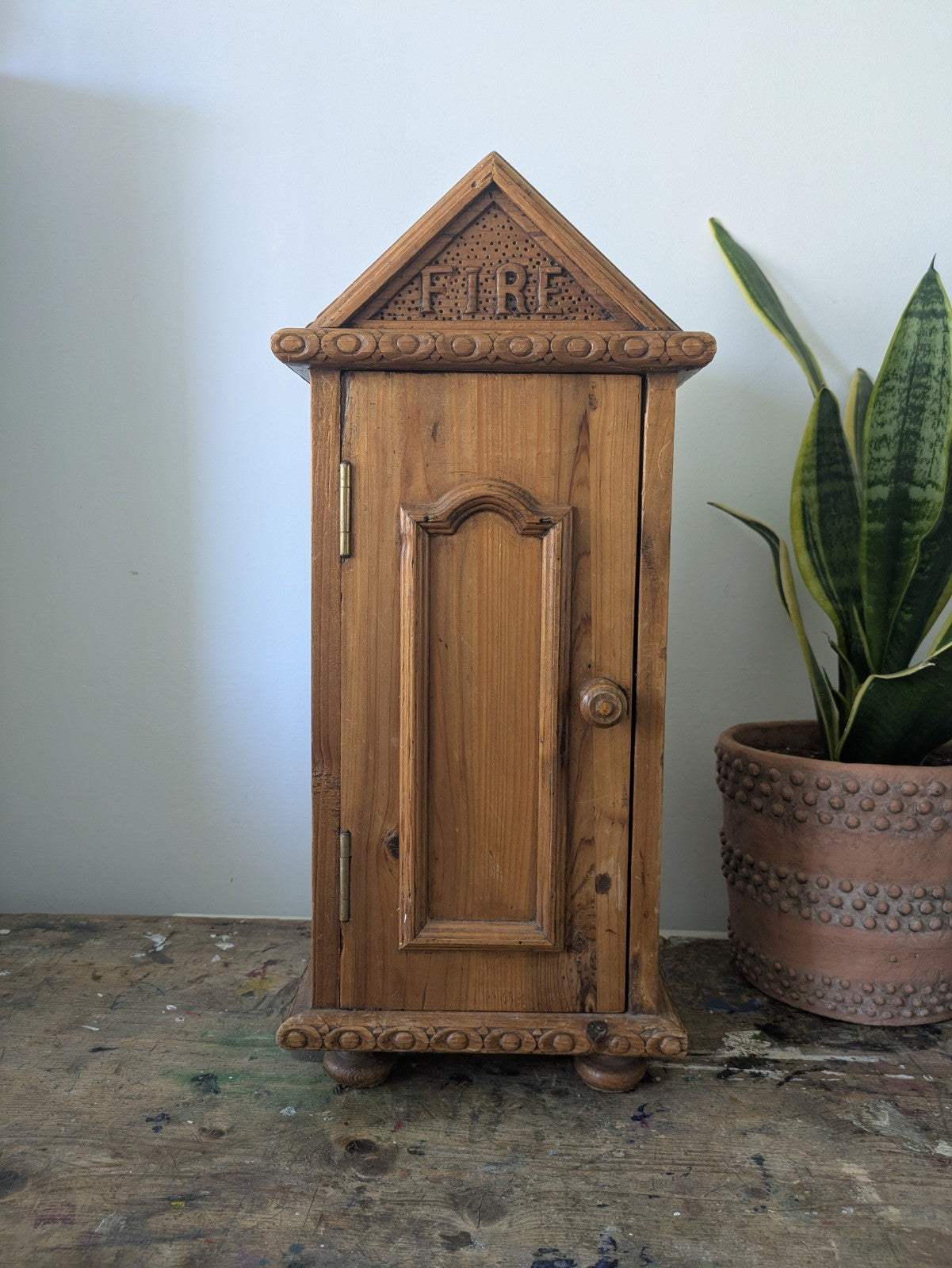 Small Table Top Pine Wood Cabinet Cupboard Fire Storage Unit Unusual Wooden Vgc