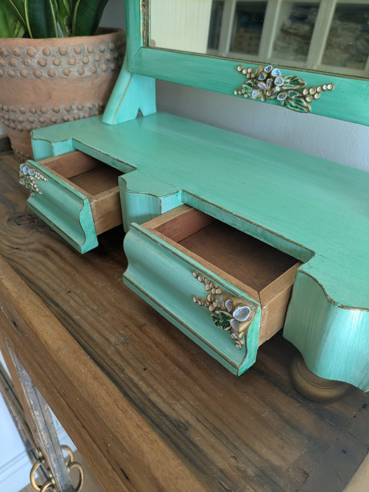 Antique Victorian Edwardian Wood Table Vanity Mirror Drawers Turquoise Floral Vg