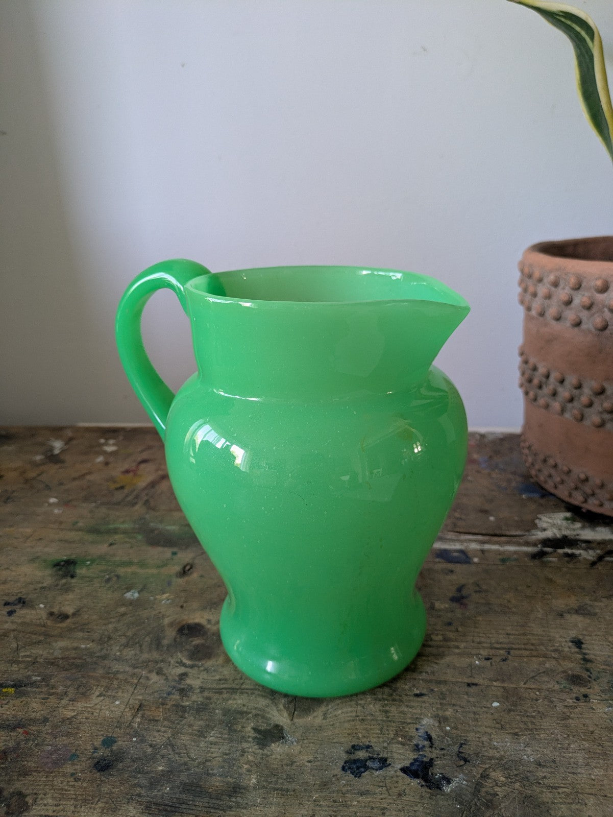 Antique Green Uranium Glass Water Jug Pitcher Jade Jadeite Art Deco Opaque Large