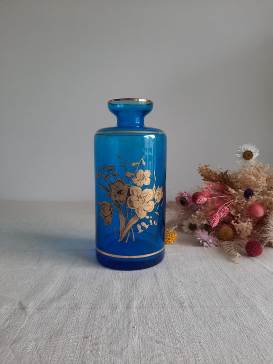 Retro Cobalt Blue Glass Decanter with Floral Gilt Decor Bottle Vase Prop Vtg Old