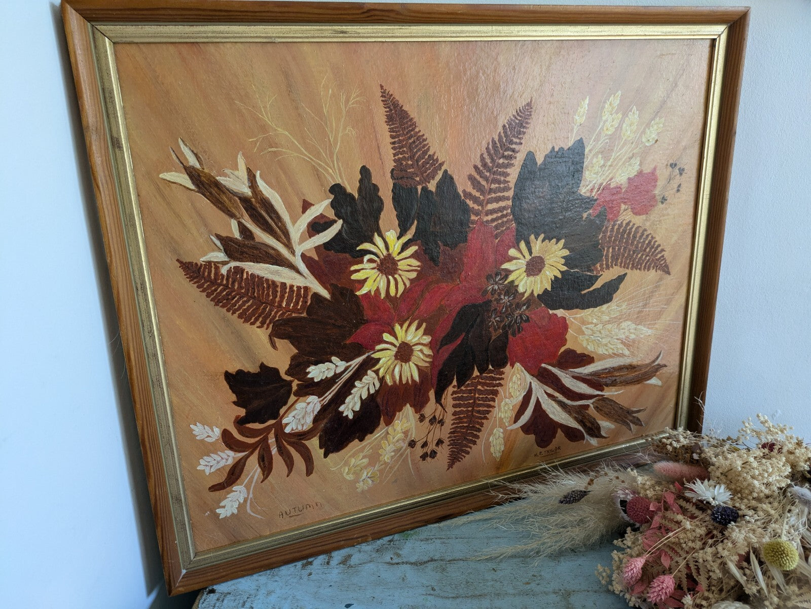 Vintage Painting Floral N E Taylor Autumn Flowers Bouquet Picture Still Life Old