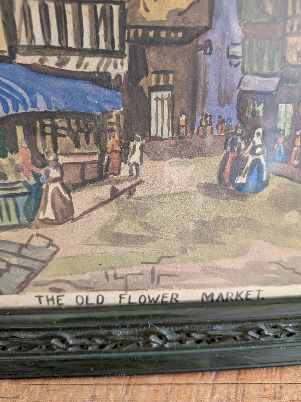 Antique Artist Signed Watercolour Old Flower Market Ornate Frame Green Original 