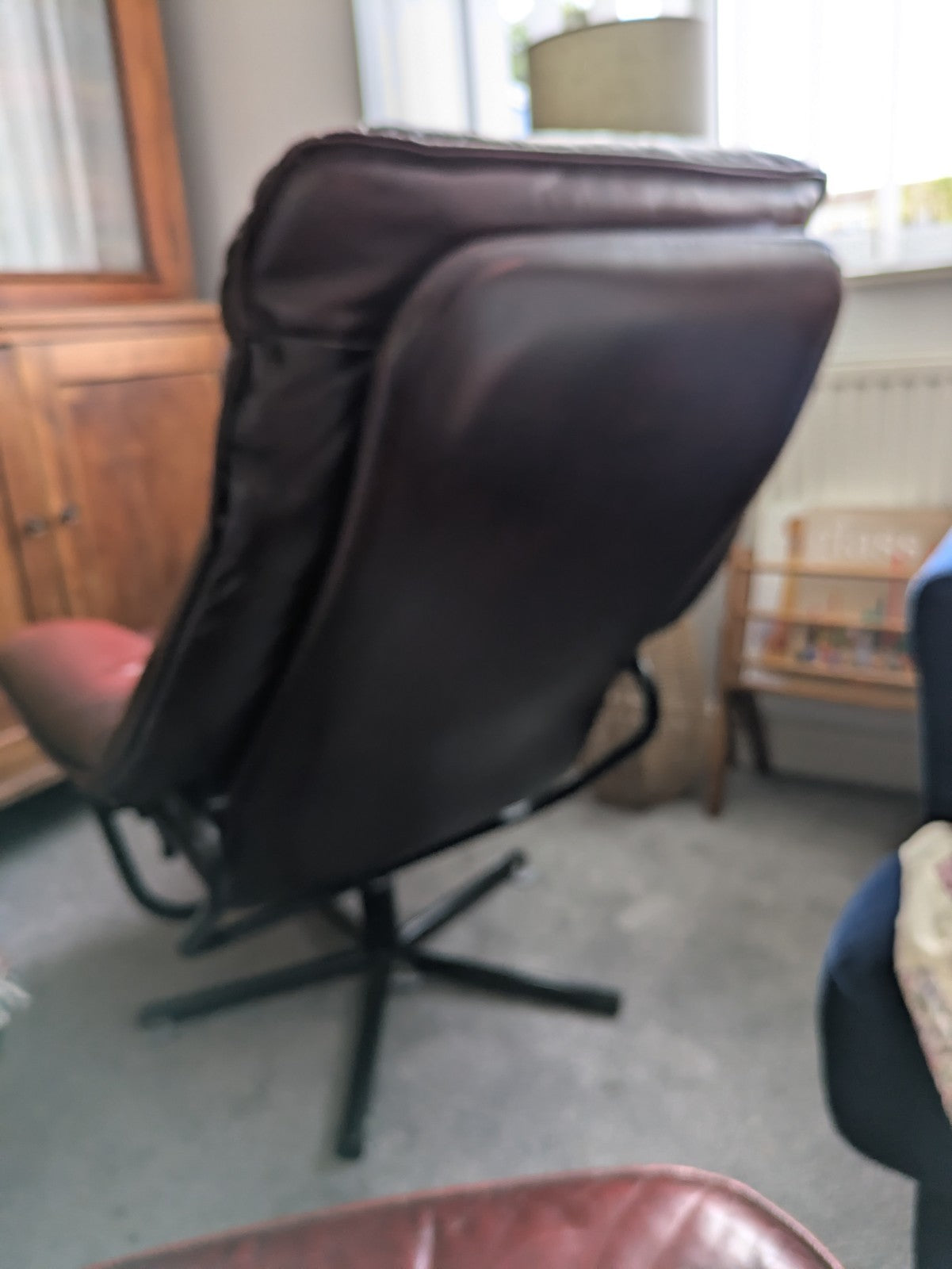 MCM Skoghaug Industries Oxblood Red Leather Swivel Recliner Armchair & Stool 60s