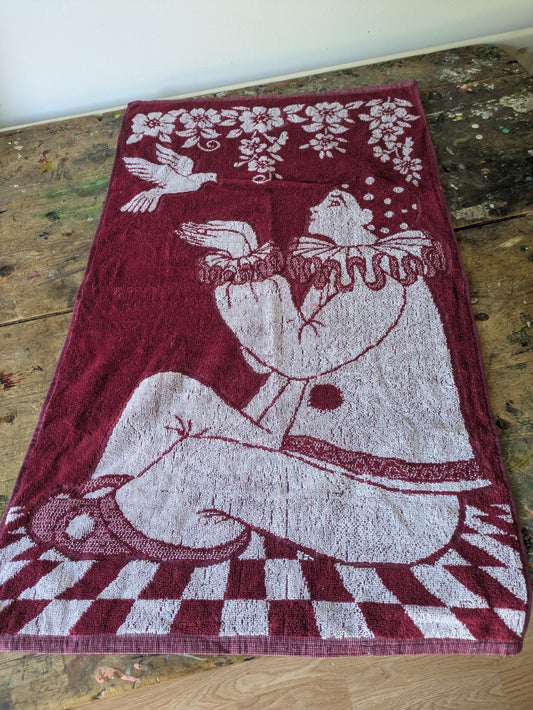 Vintage Pierrot Bath Towel Burgundy And White Retro Clown Towel NWOT Kitsch Prop