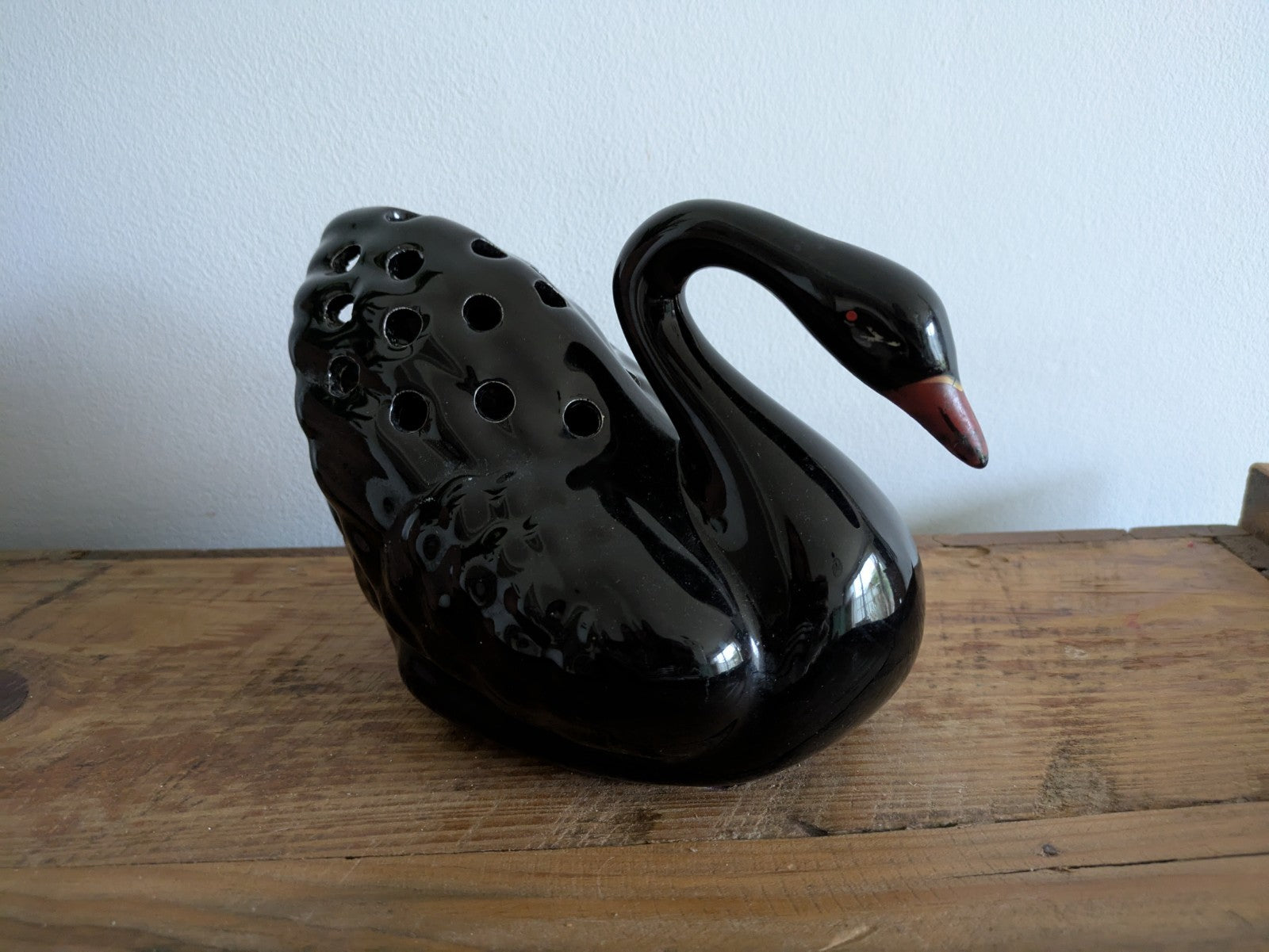 Large Black Swan Flower Vase Mantle Ornament Vintage Ceramic Centrepiece