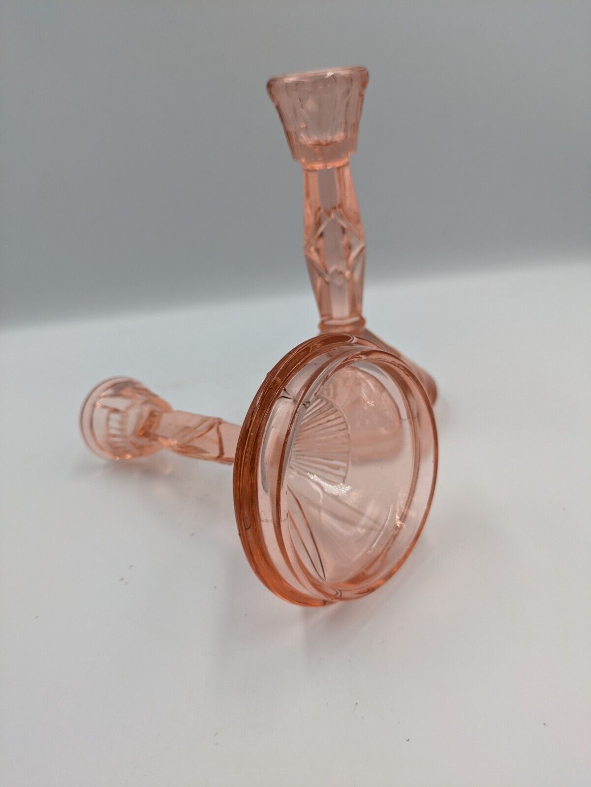 PAIR ART DECO VINTAGE GLASS DEPRESSION PINK GLASS CANDLESTICKS WALTHER VANITY 