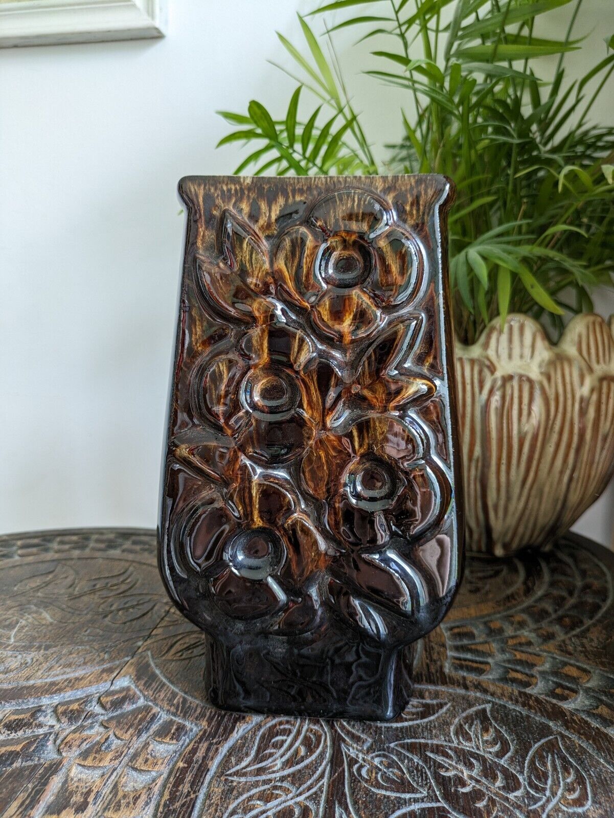 Flower Power Pottery Vase Honeycomb Mottled Brown Drip Glaze 1960s Retro Vintage