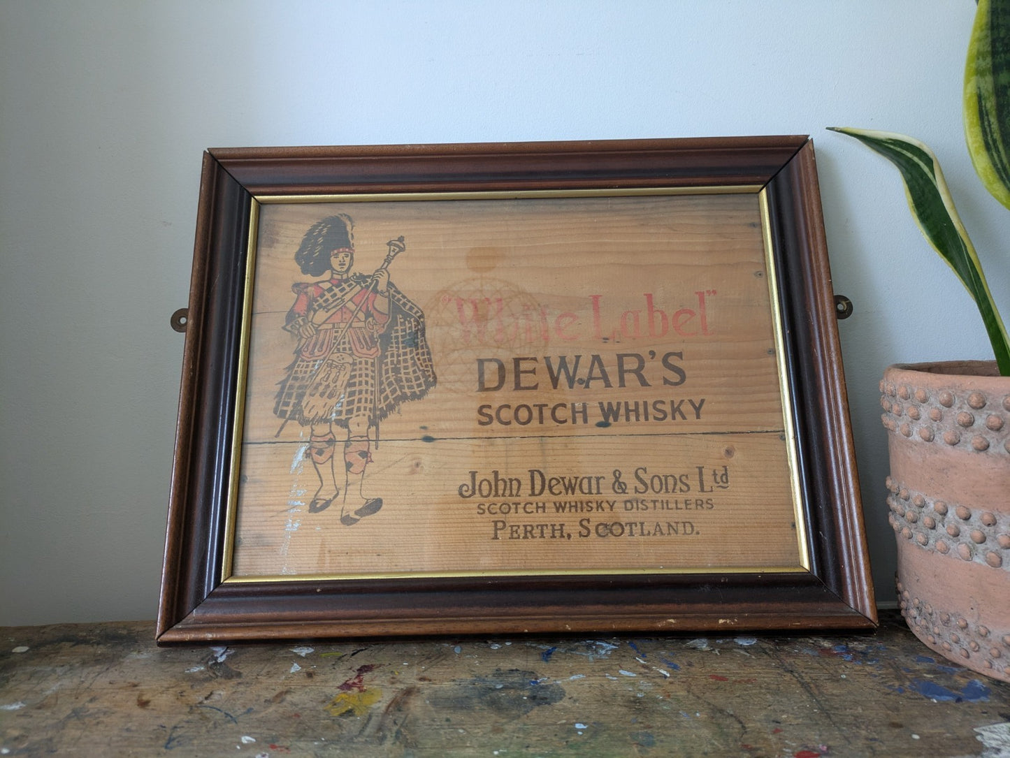Dewars Whisky White Label Shop Pub Brewery Advertising Wooden Sign Framed Scotch