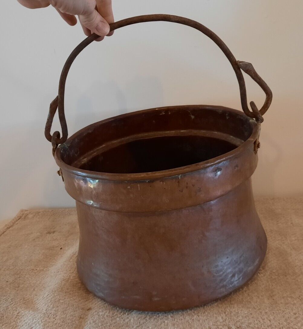 Antique 19th C Copper Kettle Cauldron Planter Pot French 1800s Handmade hammered