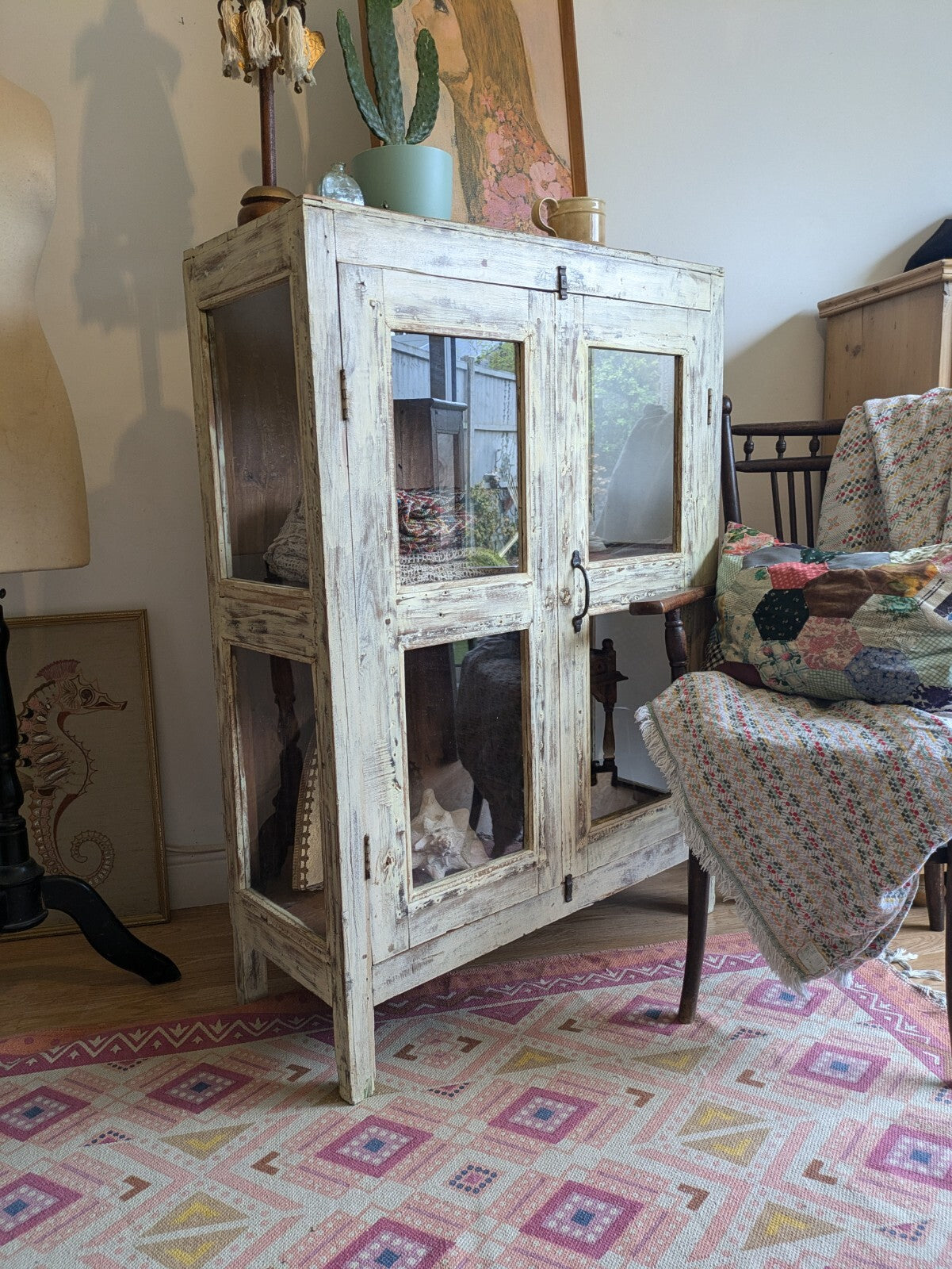 Restored Antique Vintage Indian Cabinet Cupboard Painted Glazed Reclaimed Cream