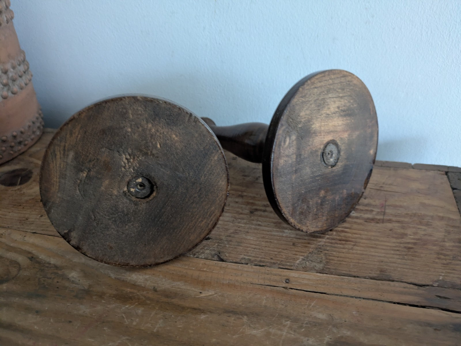 Vintage Antique Wood Candlestick Holders Pair Hand Turned Candle Victorian 24cmH