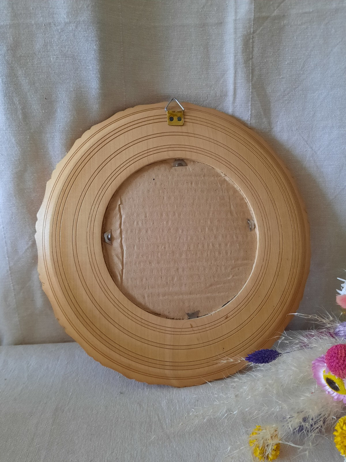 Vintage hand Carved Wood Floral Round Wall Mirror Austrian 1970s 1980s Boho RARE