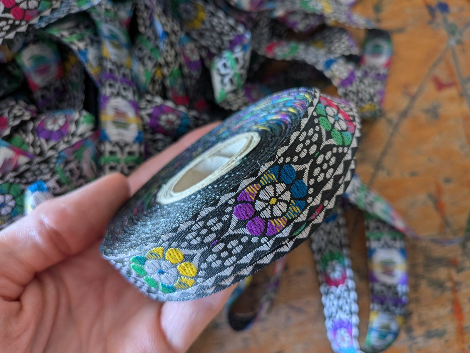 Jacquard Ribbon Black Dotty Roll Patterned Floral Multicoloured Black Trim Craft