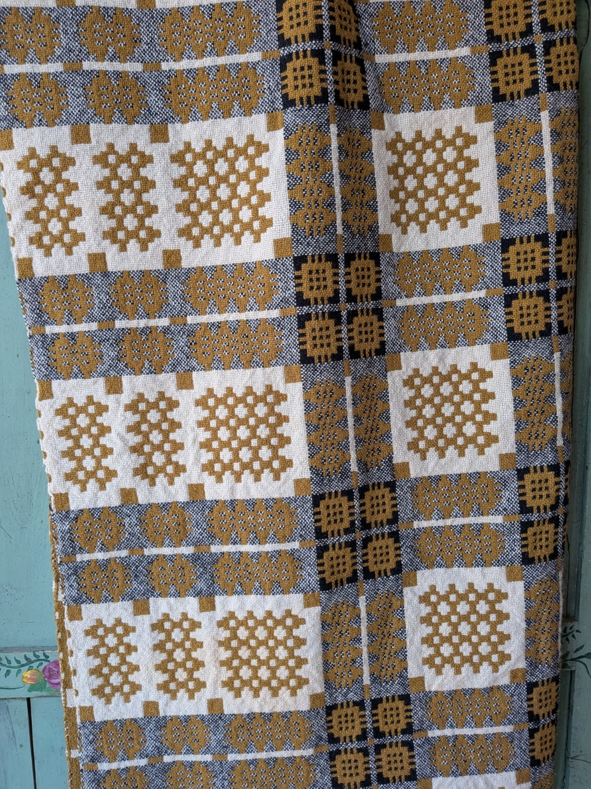 Rare VTG Welsh Wool Blanket Tapestry Black White Reversible Throw Mustard Yellow