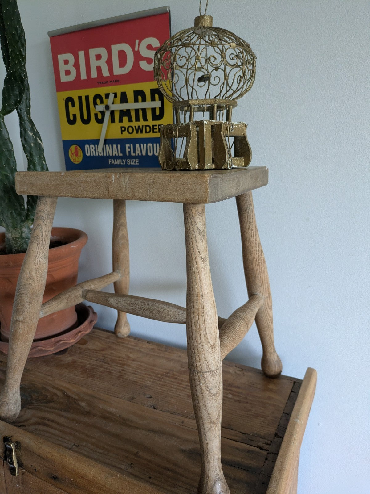 Antique Vtg 1880s Victorian Stool Beech Top Elm Leg Wooden Seat Utilitarian Vgc