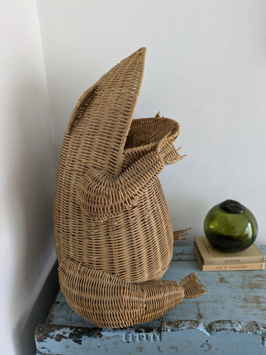 RARE VTG Wicker Frog Waste Basket Trash Can Bin Magazine Storage LARGE Prop MCM 