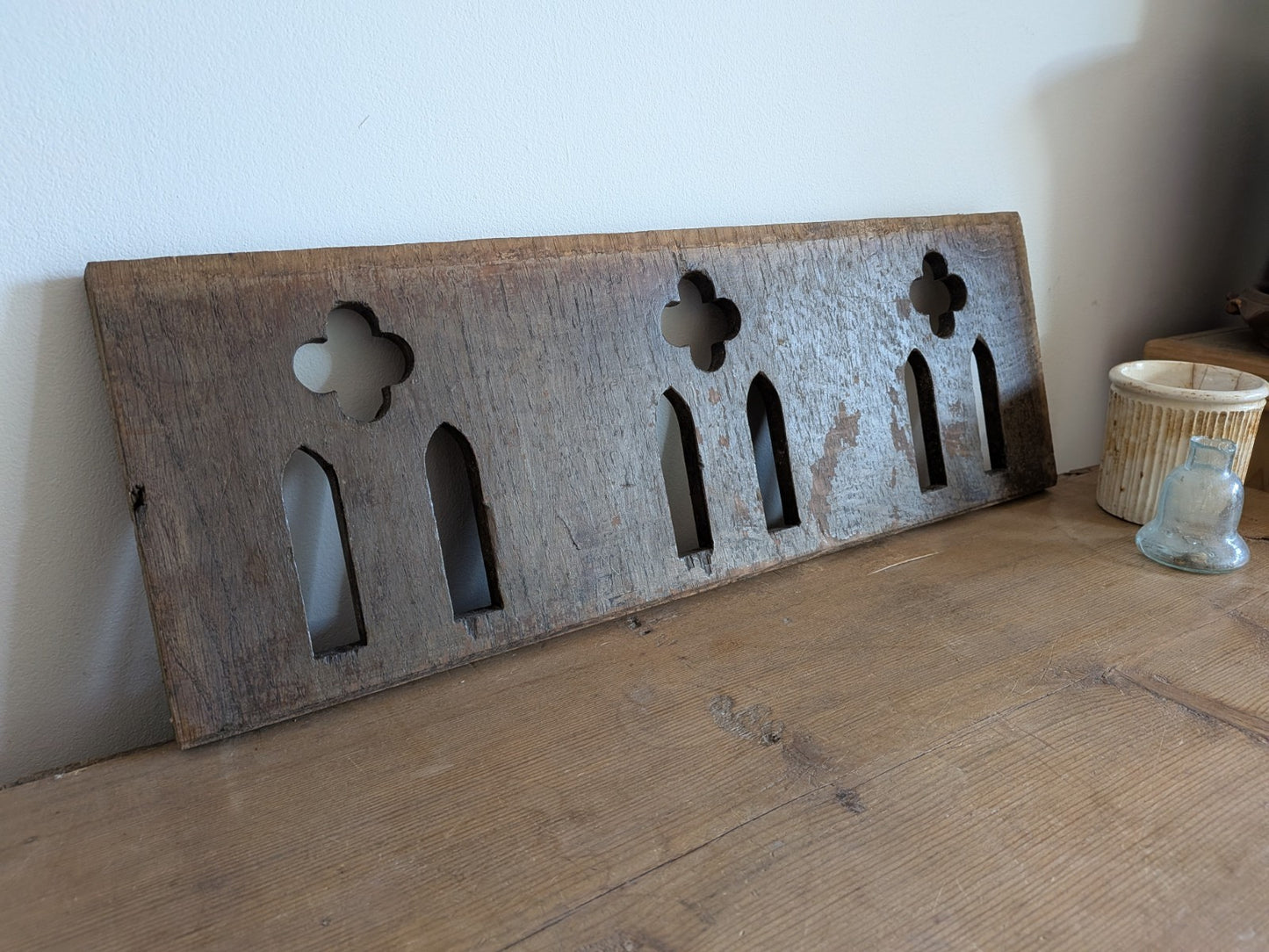 Antique Gothic Revival Panel Solid Oak Wood Salvage Lecturn Piece Clover Arch