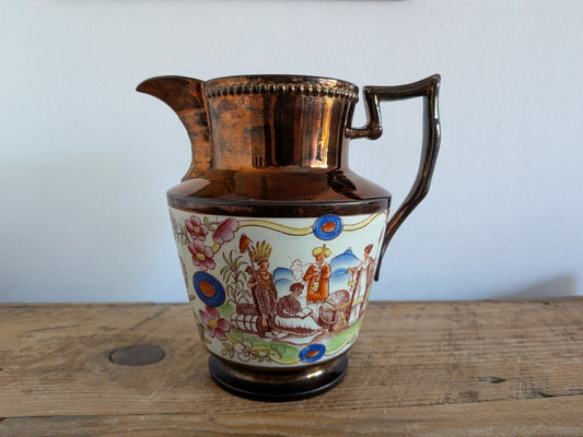 Antique Pottery Pearlware Transfer Copper Lustre Jug 1825 Vintage Large English 