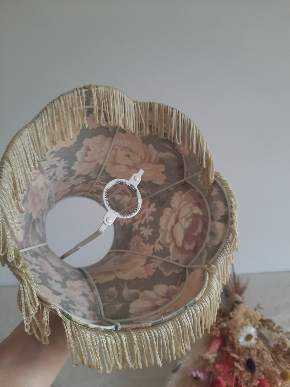 Grey Floral Lampshade shabby chic prop bell tassel table light medium shade Rose