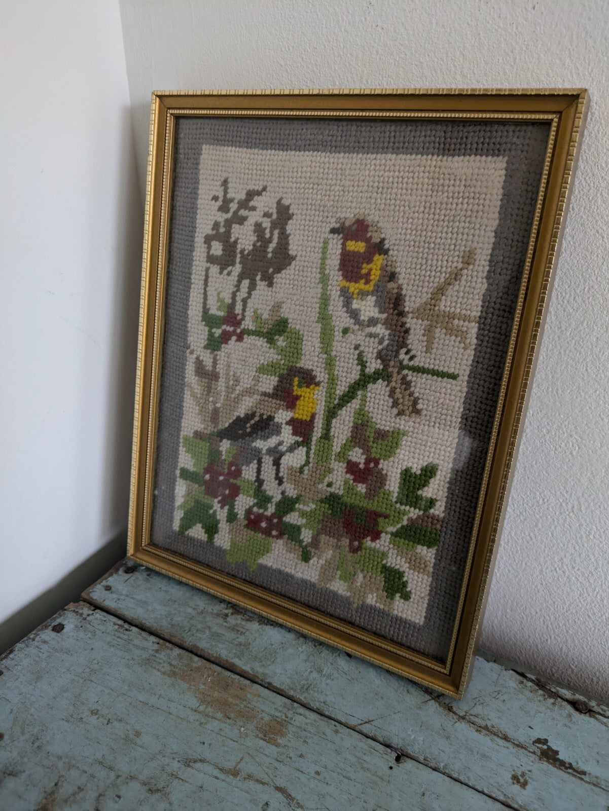 Framed Winter Tapestry Picture Birds Berries Vintage Flowers Needlepoint Kitsch