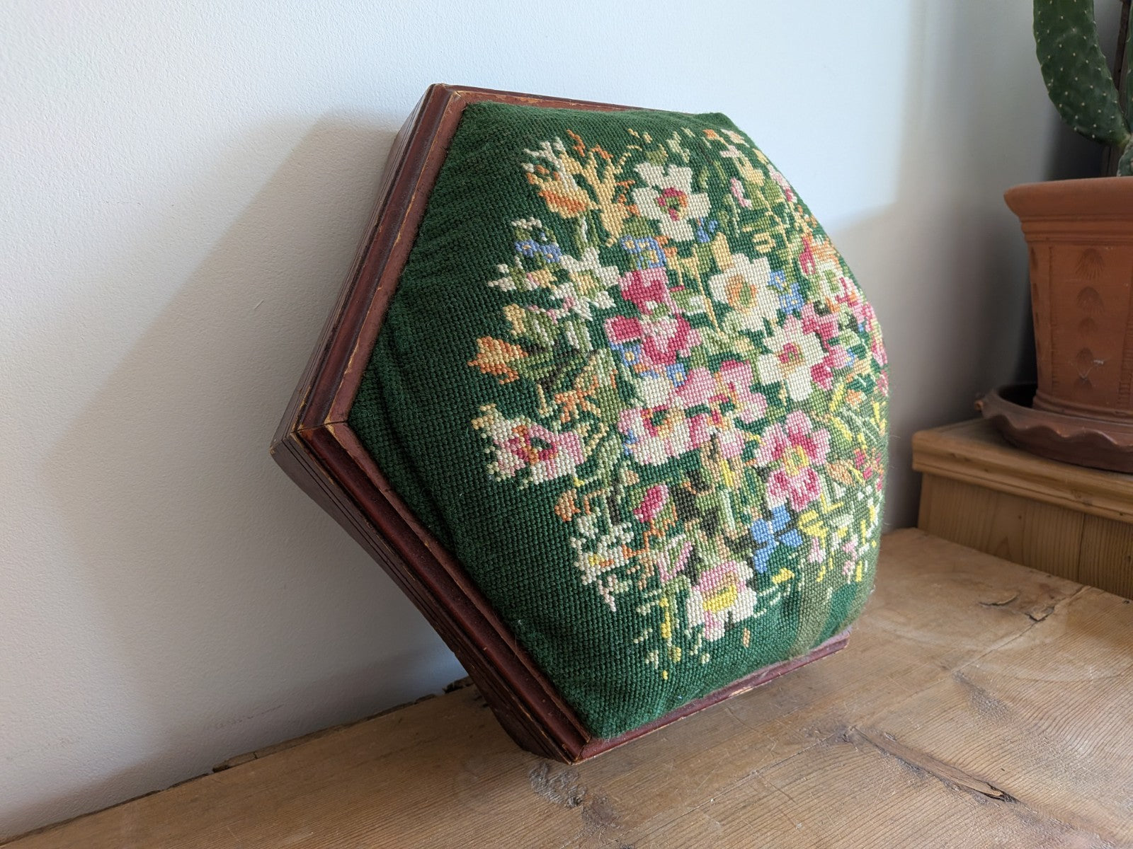 Vintage Hexagonal Footstool Embroidered Needlepoint Wood Floral Tapestry Stool