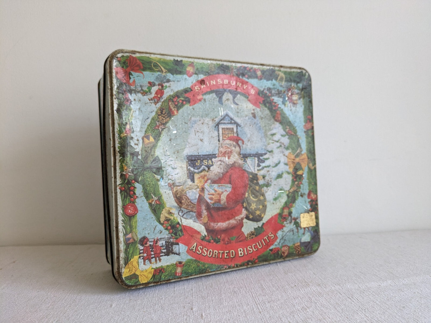 Vintage Sainsbury's Christmas tin Santa Claus Old Original Biscuits Xmas Rare Sq