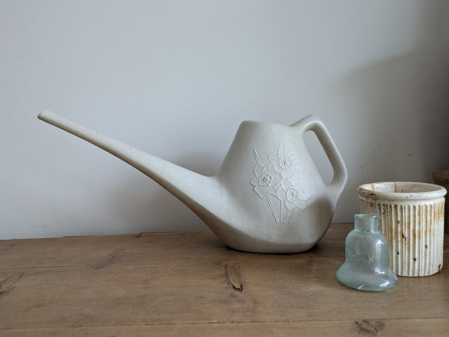 Vintage White Plastic Watering Can MCM Daffodils Spring House Plants Retro Prop