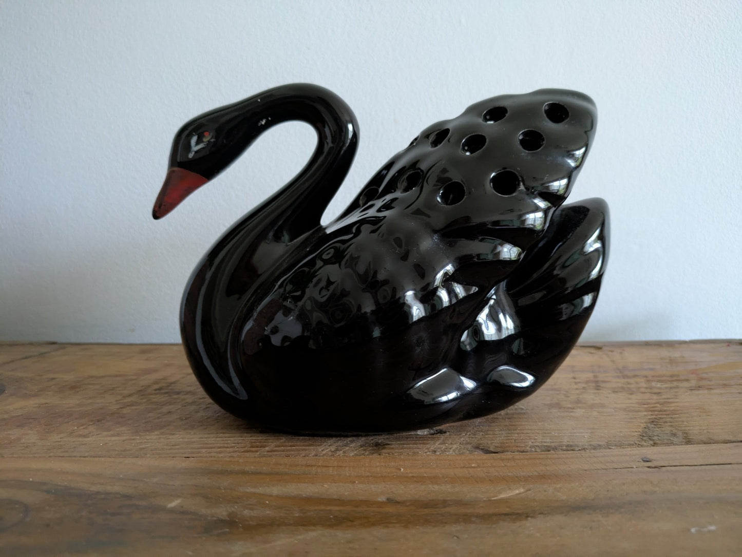 Large Black Swan Flower Vase Mantle Ornament Vintage Ceramic Centrepiece