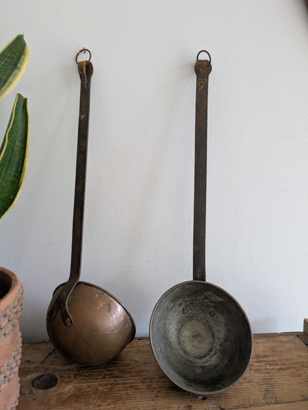2x Antique Copper Iron Ladle Hand Forged Victorian Scoop Wall Hanging Spoons Vtg