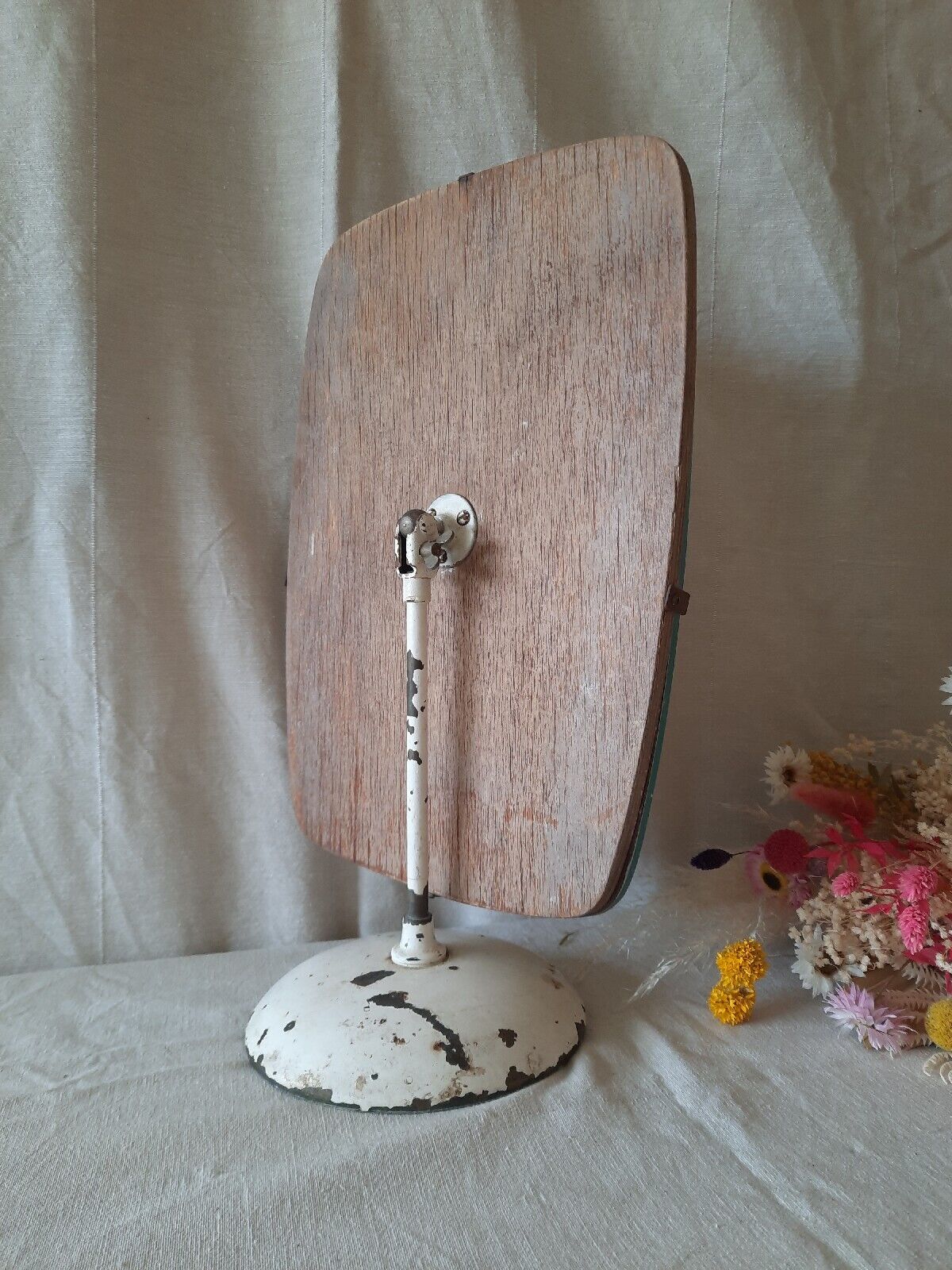 Vintage Vanity Mirror Metal Chippy Table Top Asymmetric old Retro Midcentury 