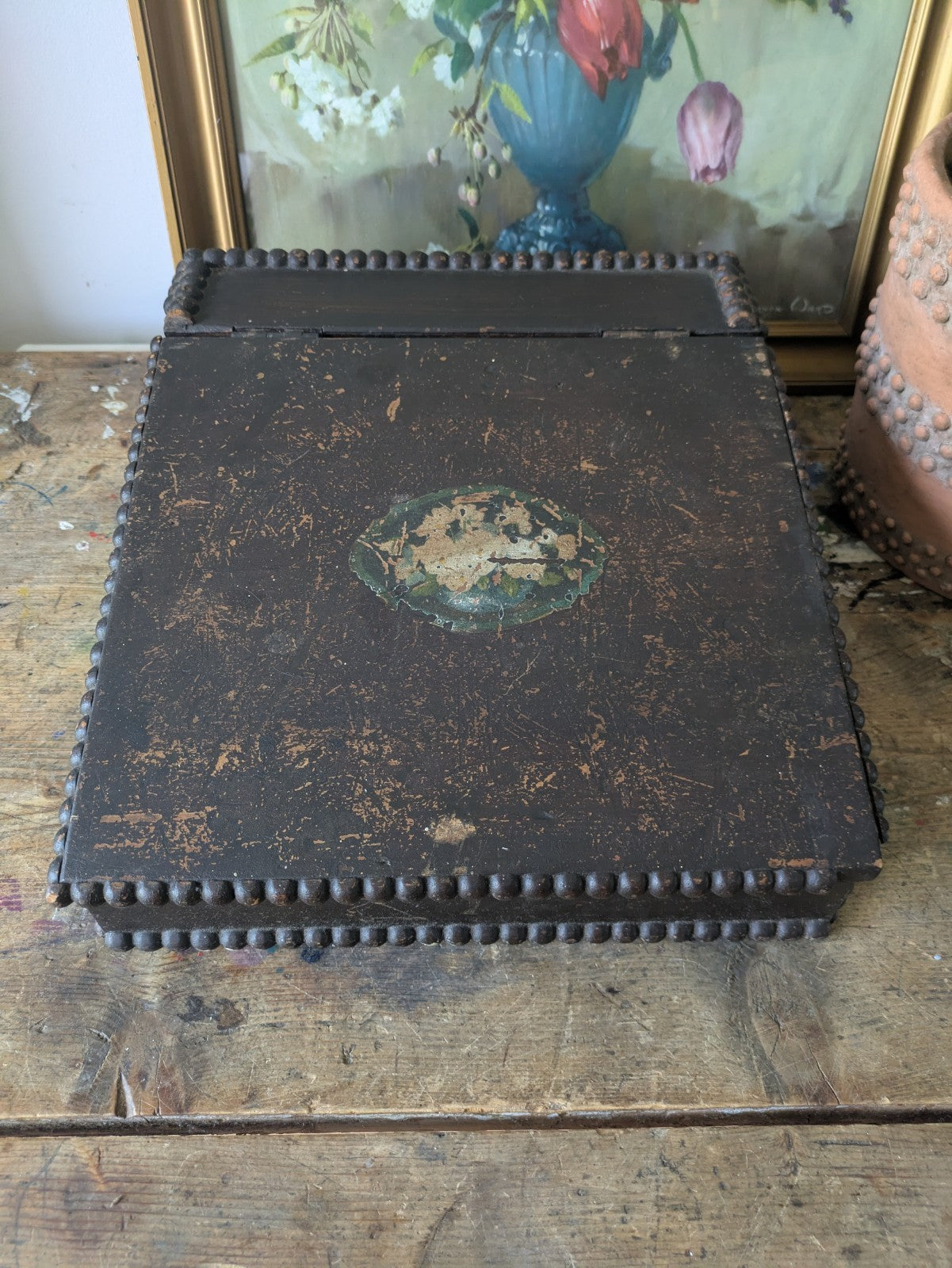 Antique Vintage Students Table Top Writing Slope Bobbin Small Box Stationary Old