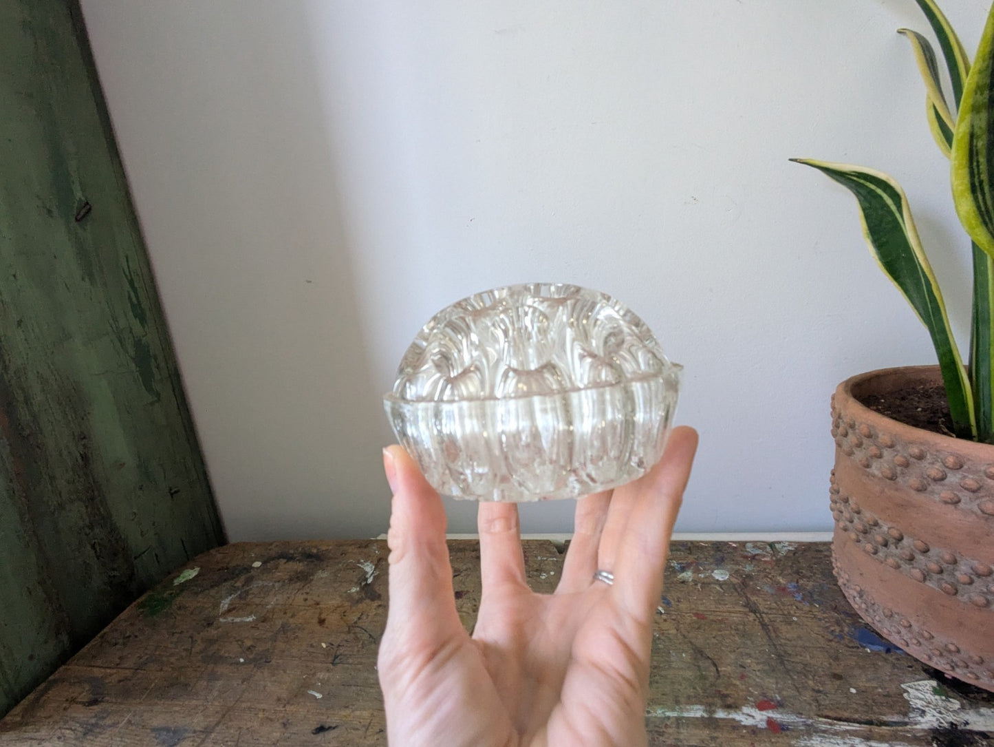 Vintage Glass Flower Frog with 19 Holes Paperweight Decor Florist Clear Vase Old