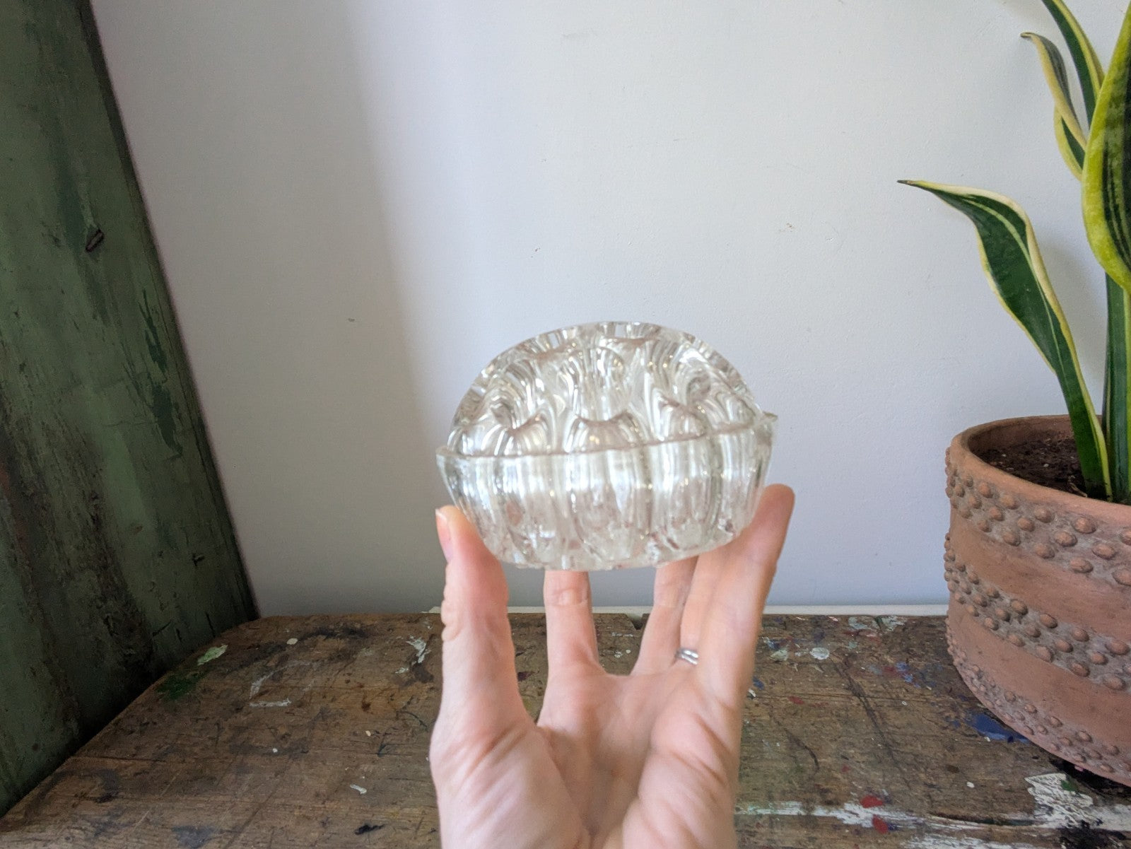 Vintage Glass Flower Frog with 19 Holes Paperweight Decor Florist Clear Vase Old