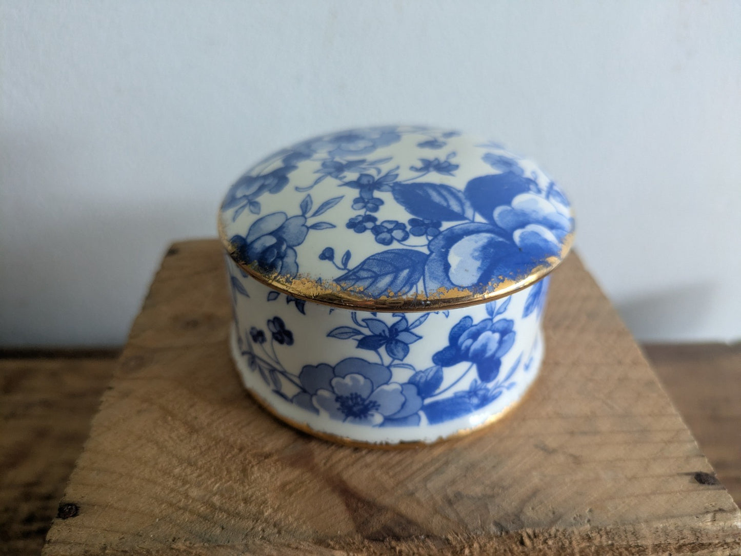 Royal Elegance Staffordshire England China Floral Lidded Blue Trinket Box Pot