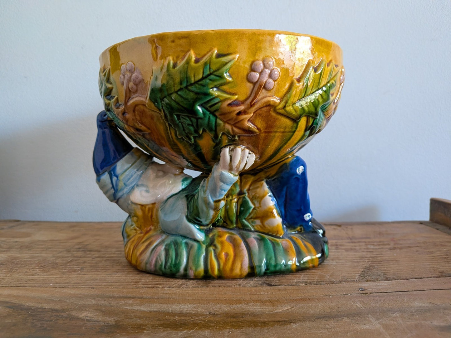 Vintage George Jones Majolica “MR Punch” Punch Bowl Christmas Table Gnome Dwarf