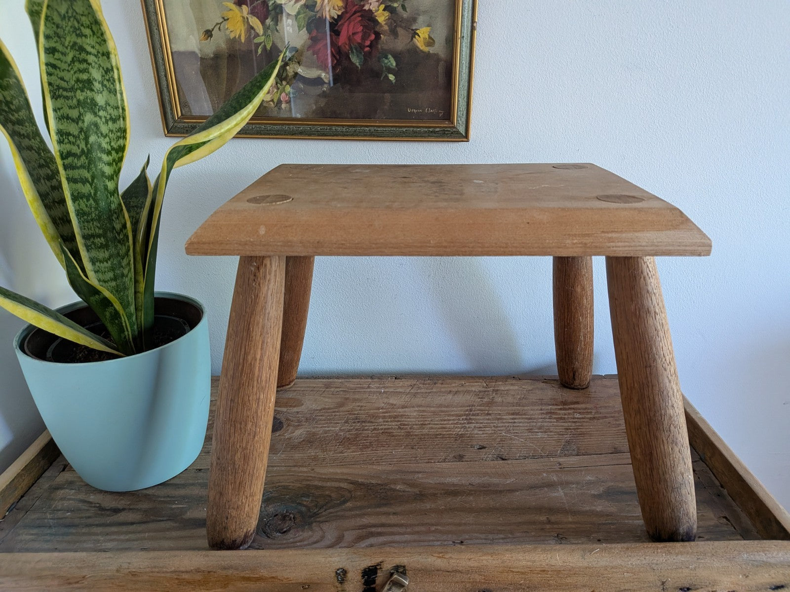 Vintage Step Stool Milk Wooden Seat Utilitarian Old Solid Chunky Leg Wood Prop 