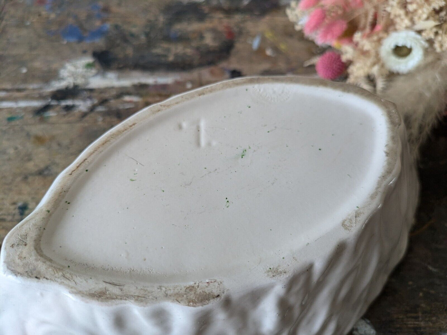Vintage Large Oval Tree Stump Bark Ceramic Vase White Mantle Retro Prop Planter
