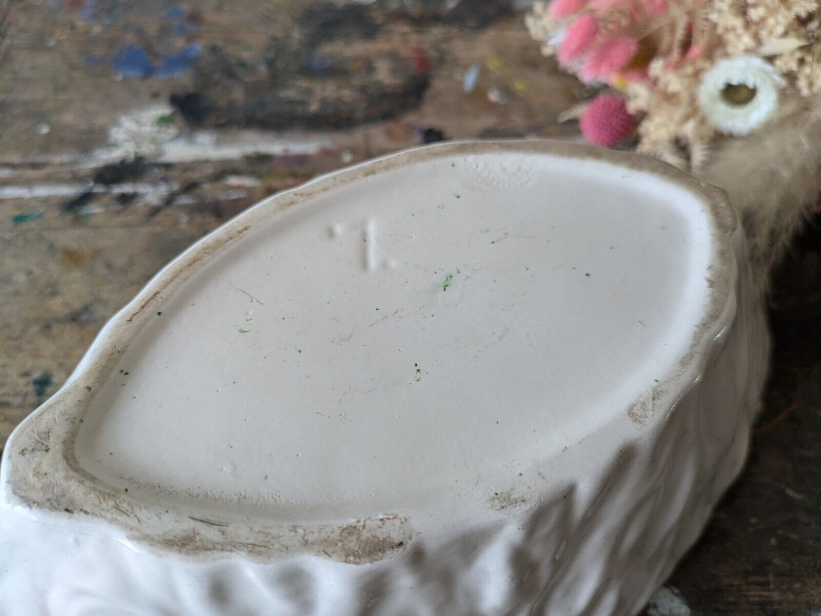 Vintage Large Oval Tree Stump Bark Ceramic Vase White Mantle Retro Prop Planter