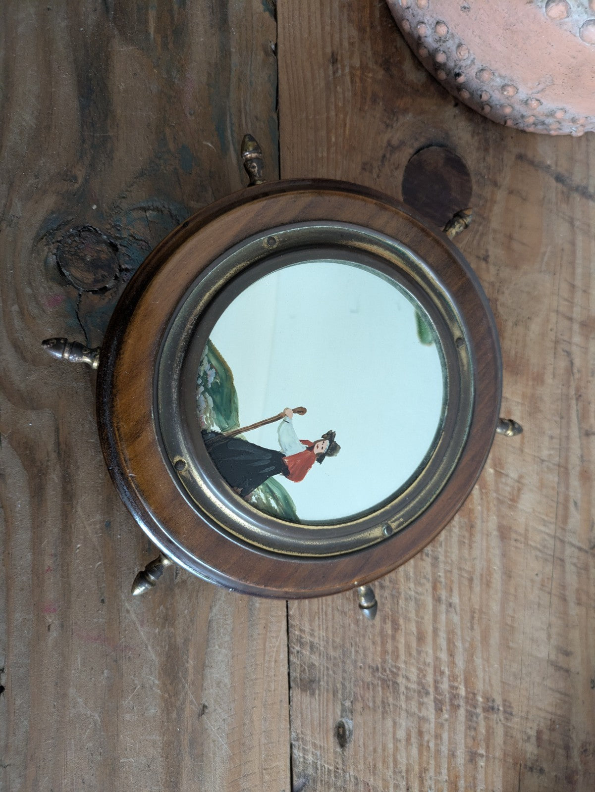 Antique Porthole Maritime Mirror Solid Oak Small Ships Wheel Nautical 1920s Vtg