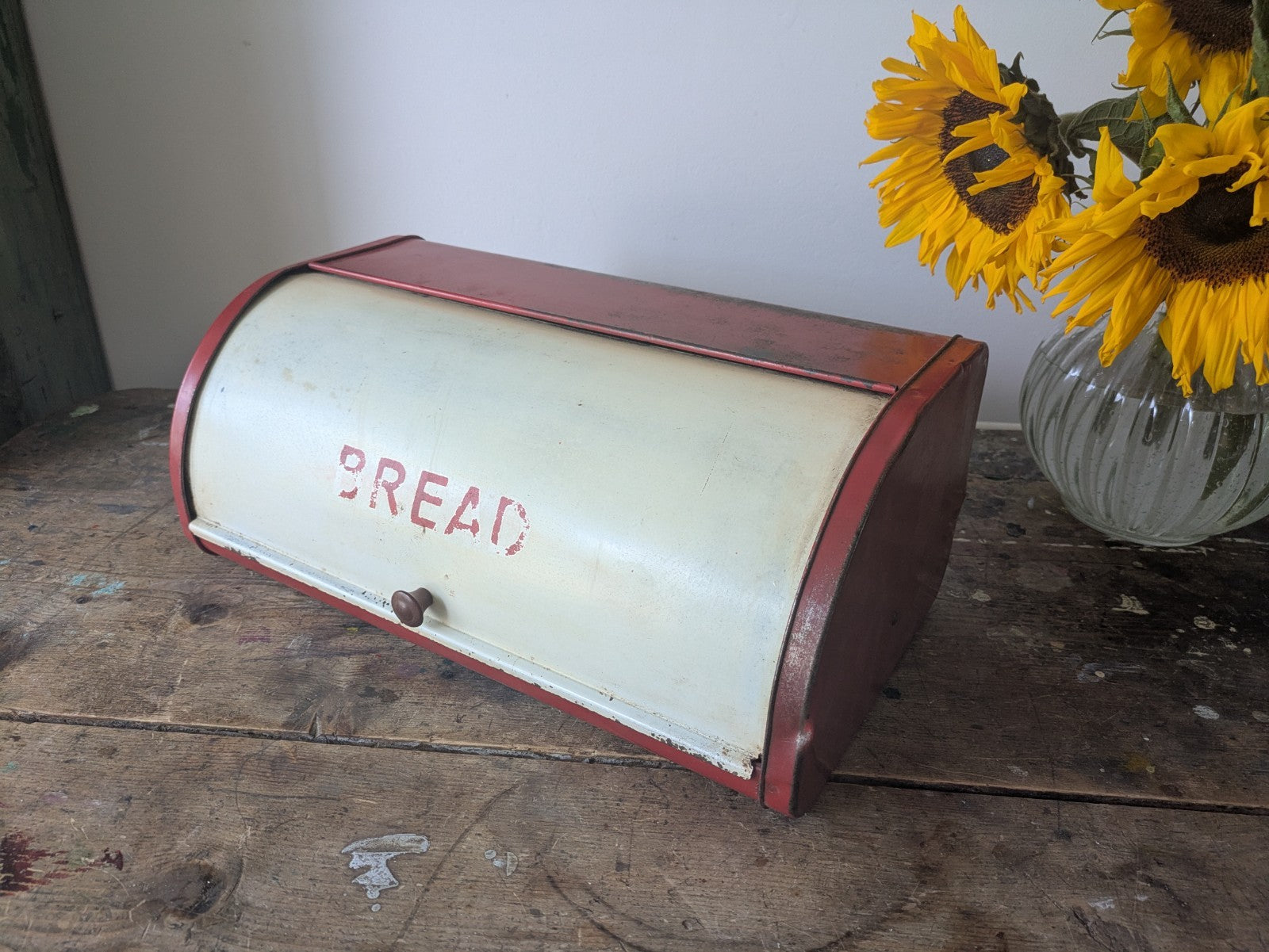 Vintage Red Cream Bread Bin Roll Top Metal Kitchen Storage Retro England Prop