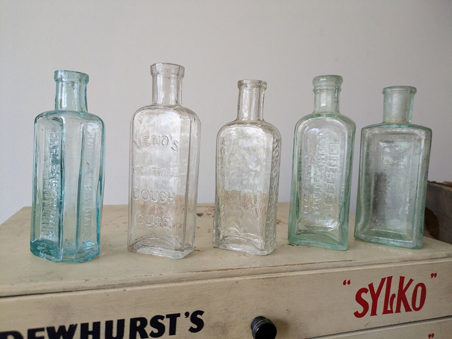 5x Antique Vintage Glass Bottles vase apothecary Cough Cure Koko Veno Hair Vgc